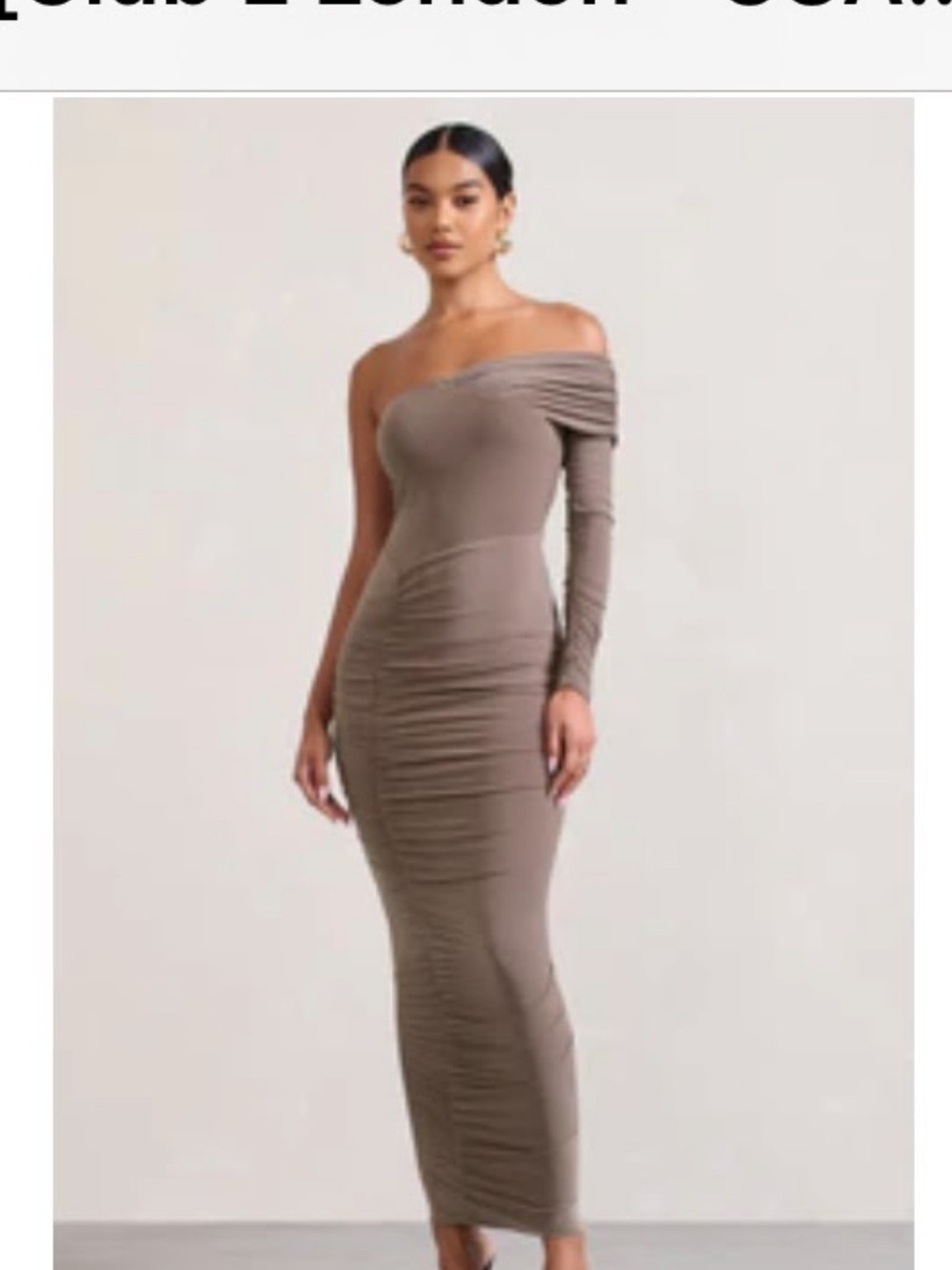 Asymmetrical One-Shoulder Ruched Maxi Dress in Taupe